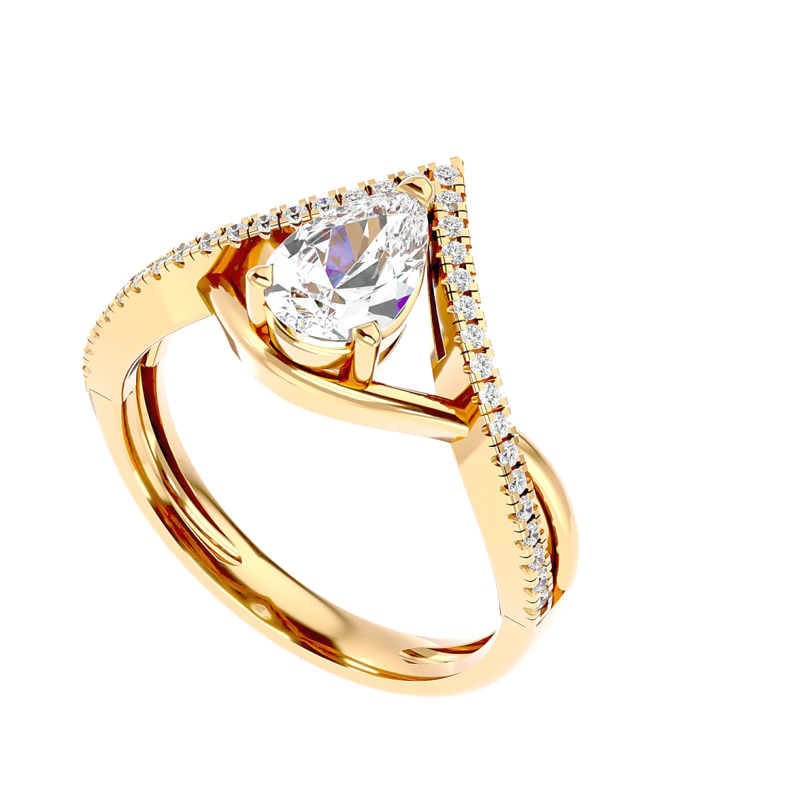 a yellow gold engagement ring with a pear shaped diamond