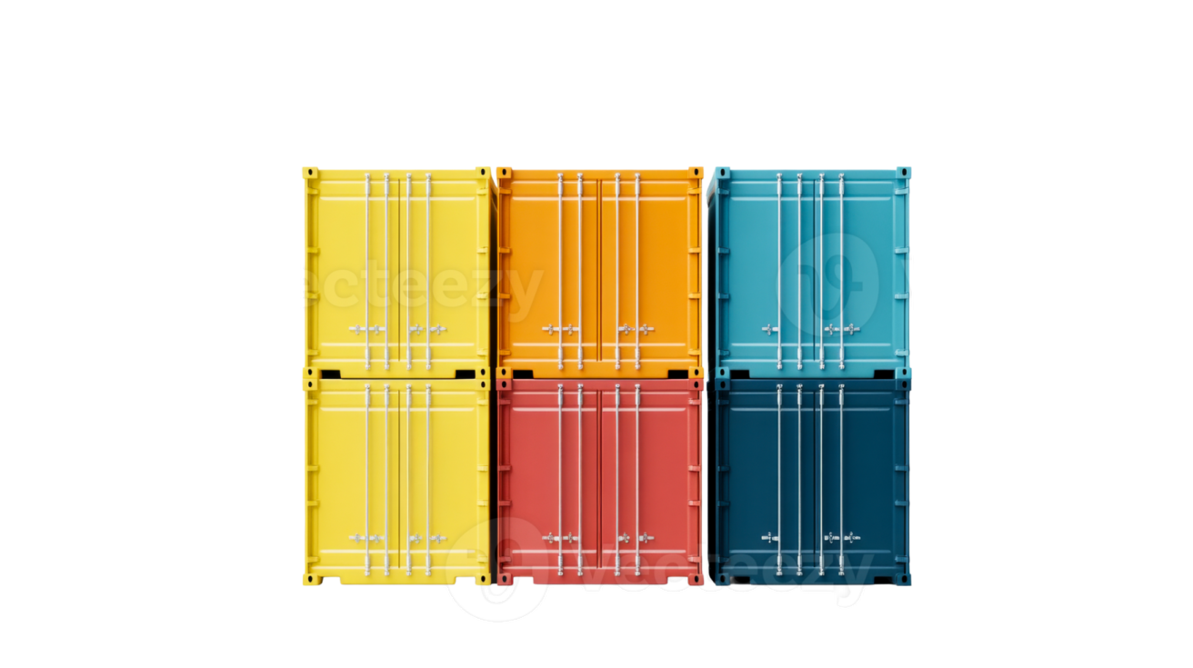 a set of four different colored shipping containers