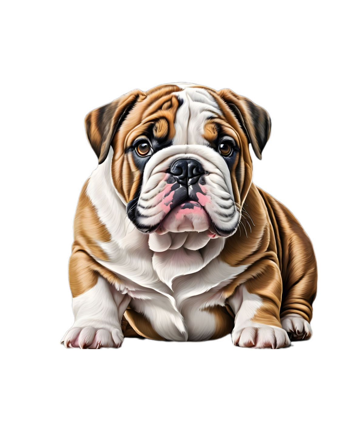 a brown and white dog laying down on the ground