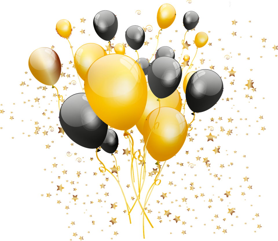 a bunch of black and gold balloons