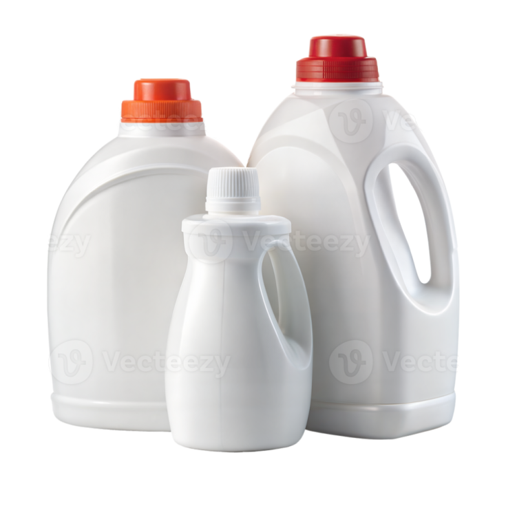 two white plastic jugs with red caps