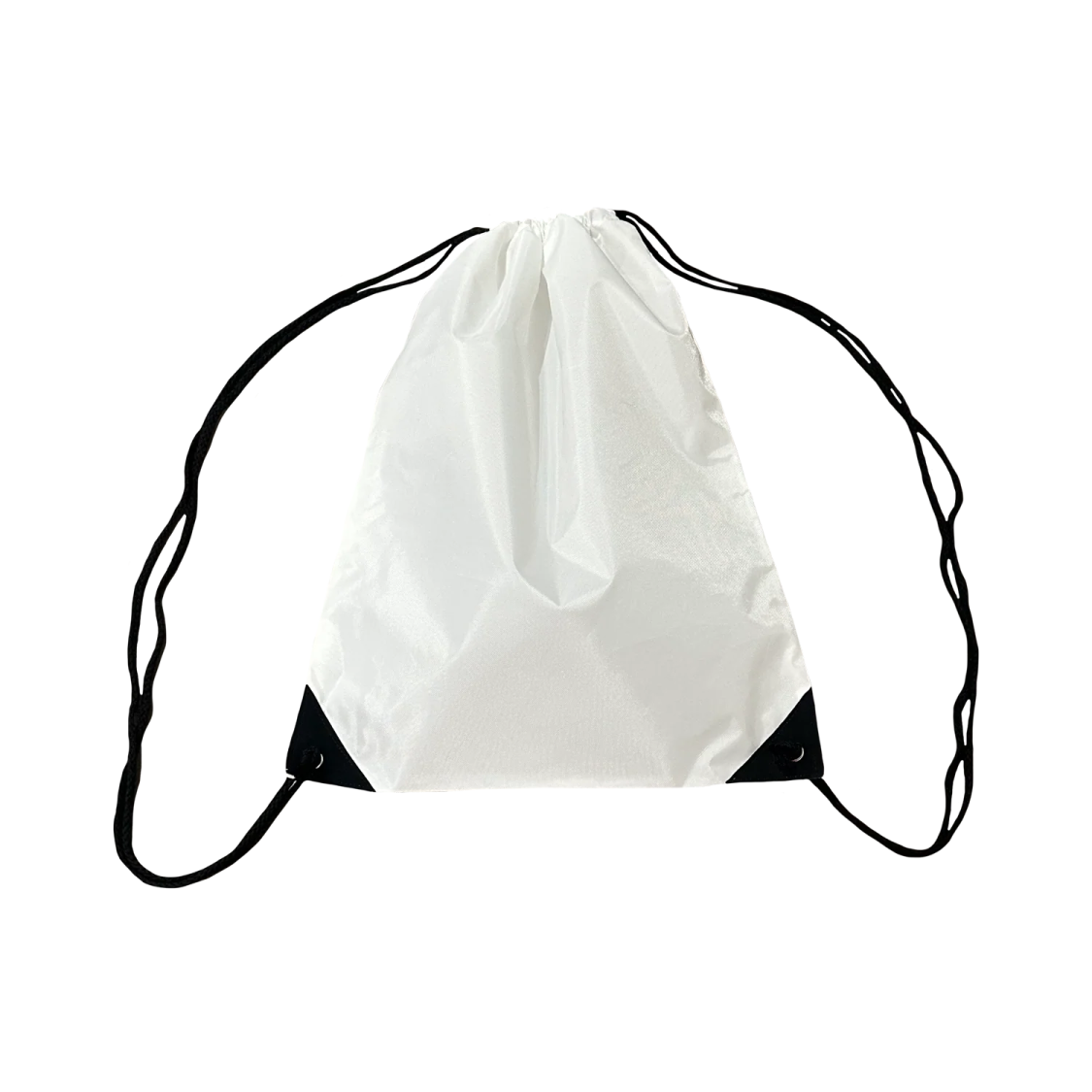 a white drawsack bag with black straps