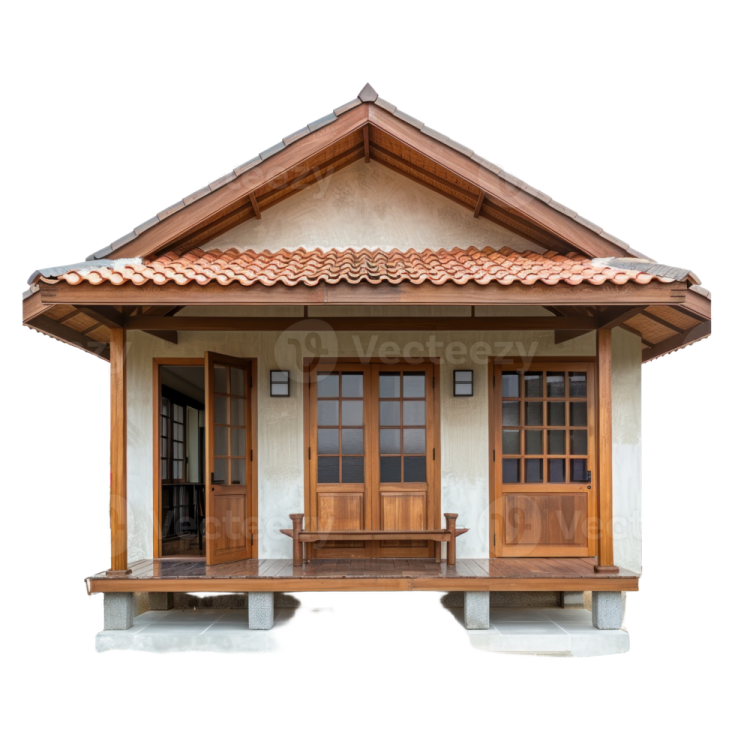 a small house with a wooden porch and tiled roof