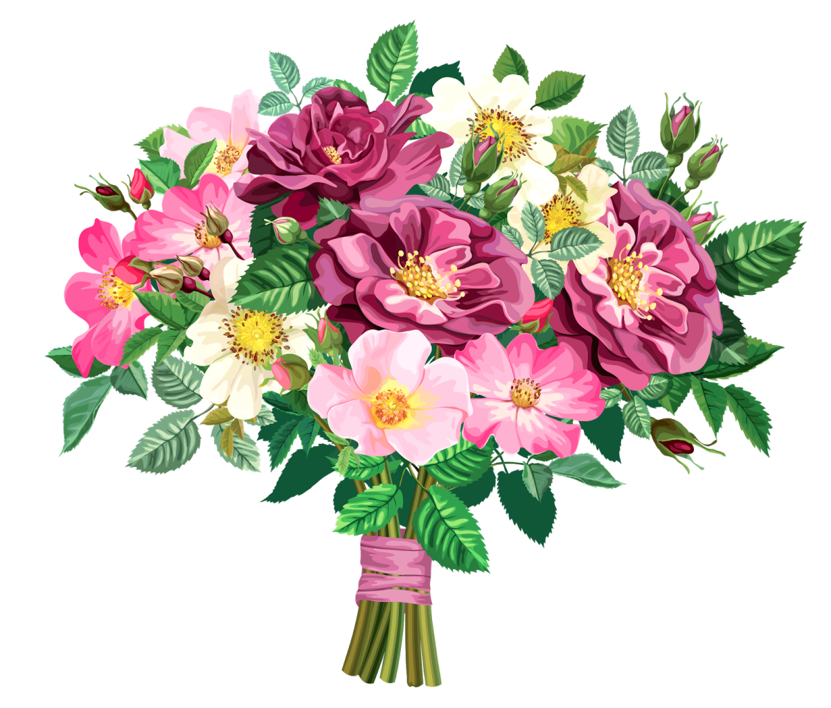 a bouquet with pink flowers and green leaves