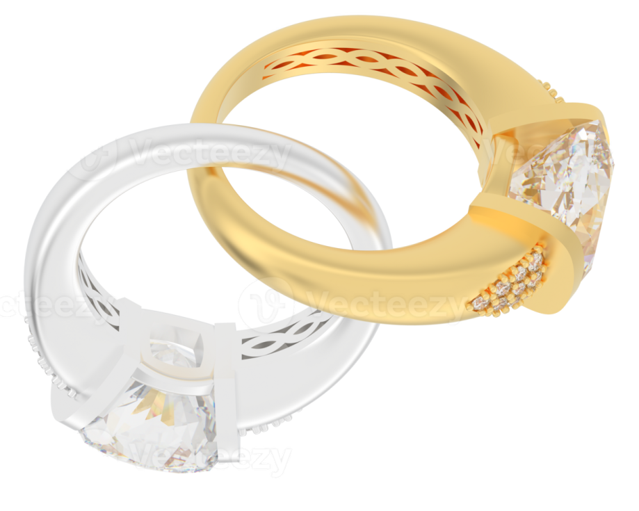 a pair of gold and silver wedding rings