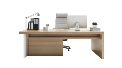 a wooden desk with a computer on it