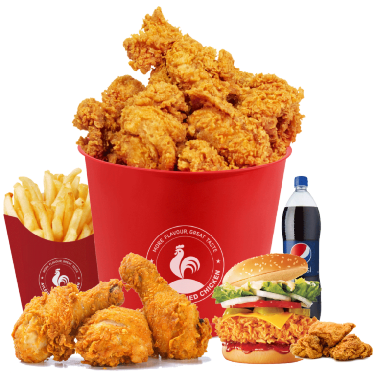 a red bucket filled with fried chicken and fries