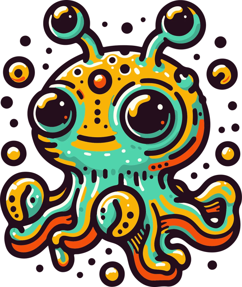 an orange and blue octopus with black spots