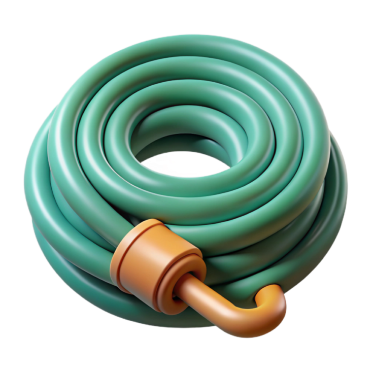 a green garden hose with a wooden handle