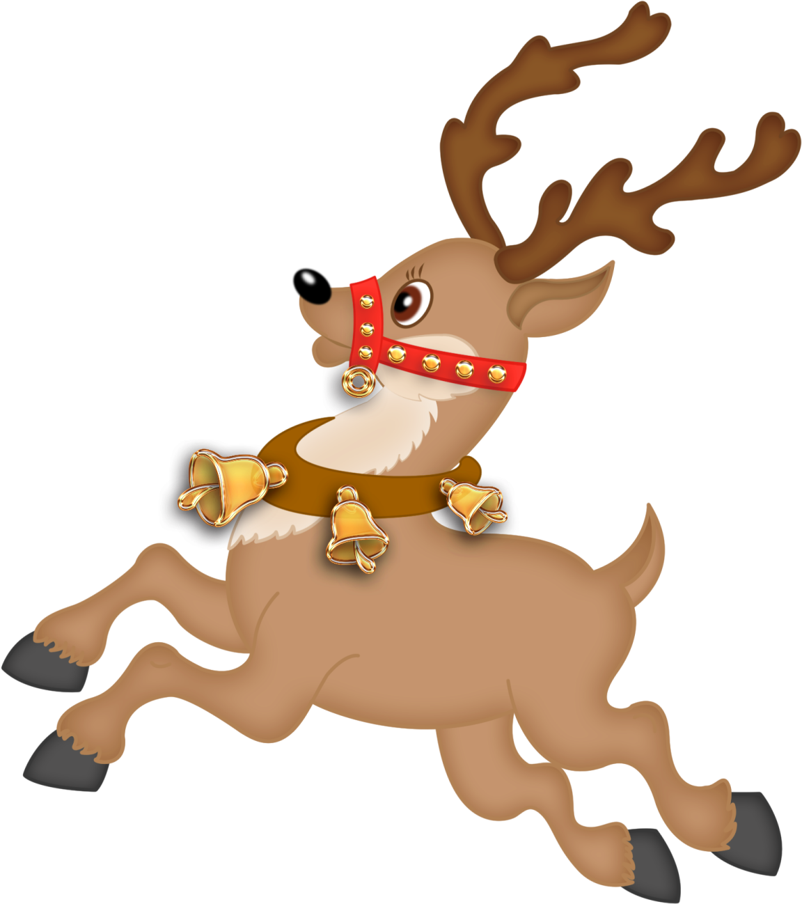 a reindeer running with a bell in its mouth
