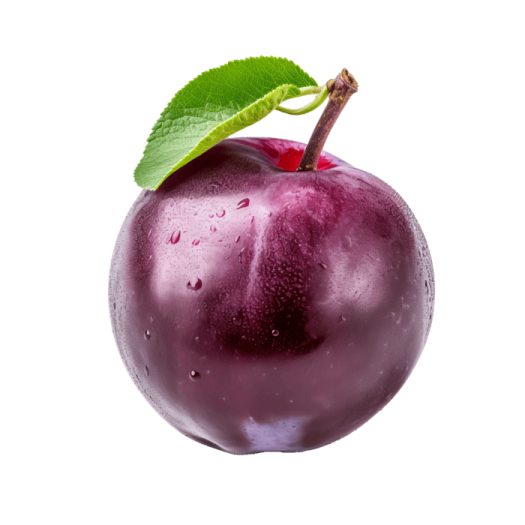 a plum with a leaf on top of it