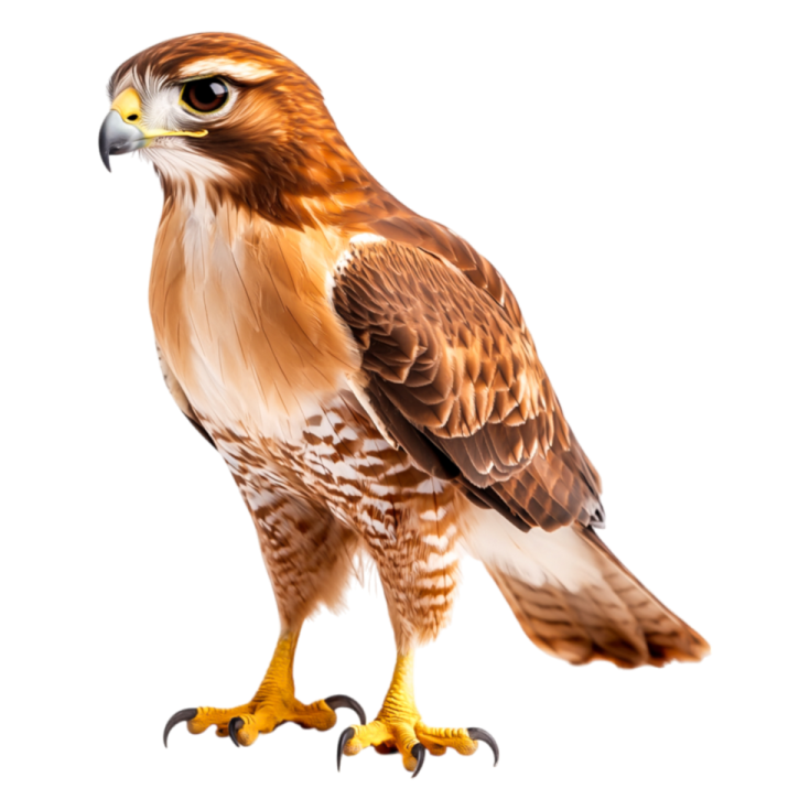 a brown and white bird with yellow feet