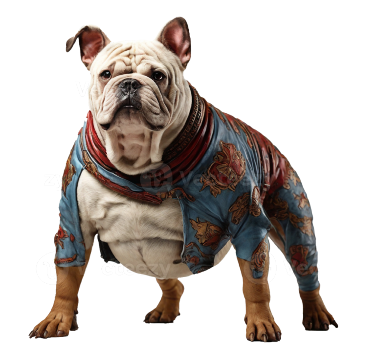 a dog wearing a blue shirt with a red collar