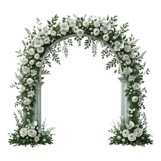 a floral arch with white flowers and greene