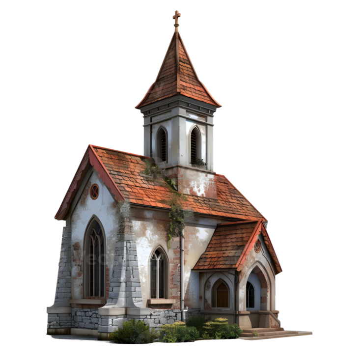 an old church with a red roof