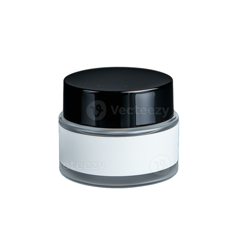 a white jar with a black lid