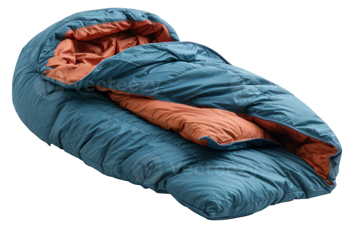 a blue sleeping bag on a white background
