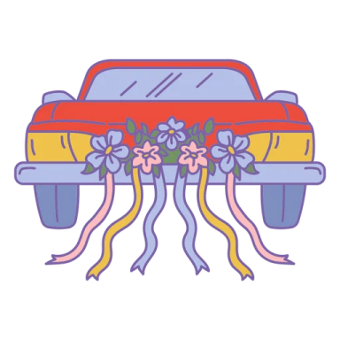a car with ribbons tied around it