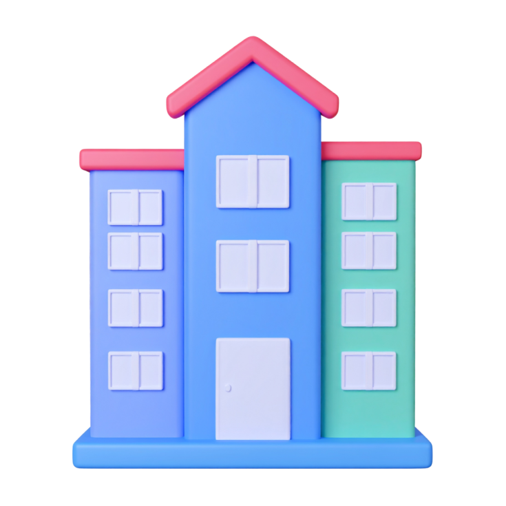 a blue and green building with three windows