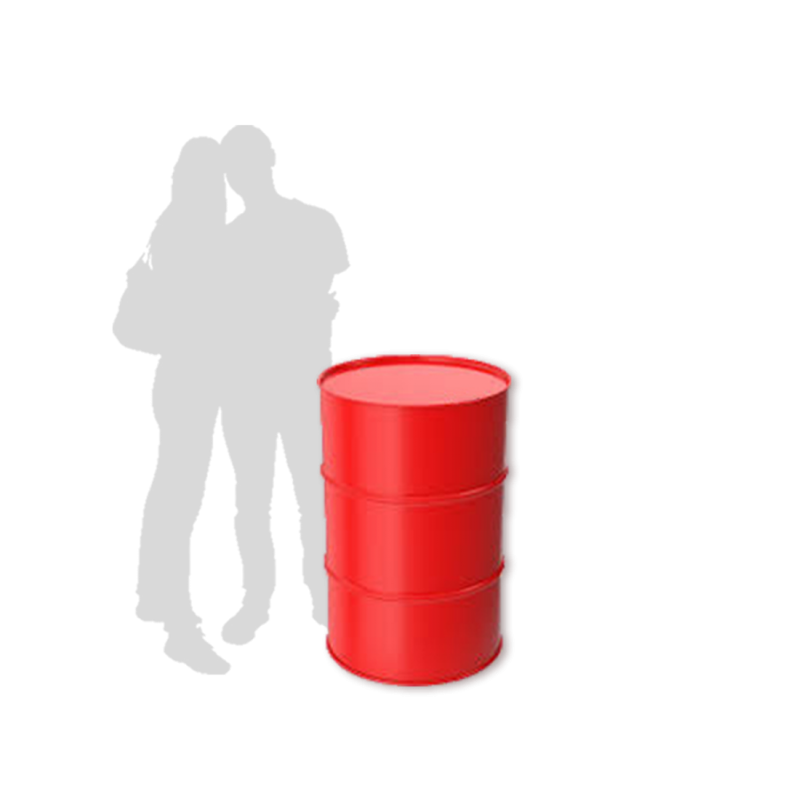a person standing next to a red barrel