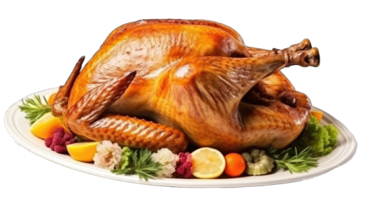 a turkey sitting on top of a white plate
