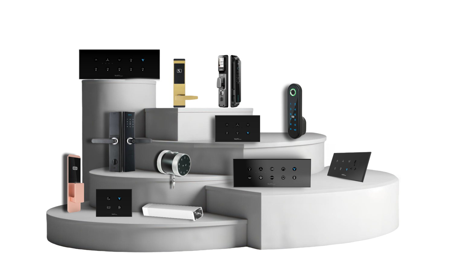 a stack of different electronic devices on display