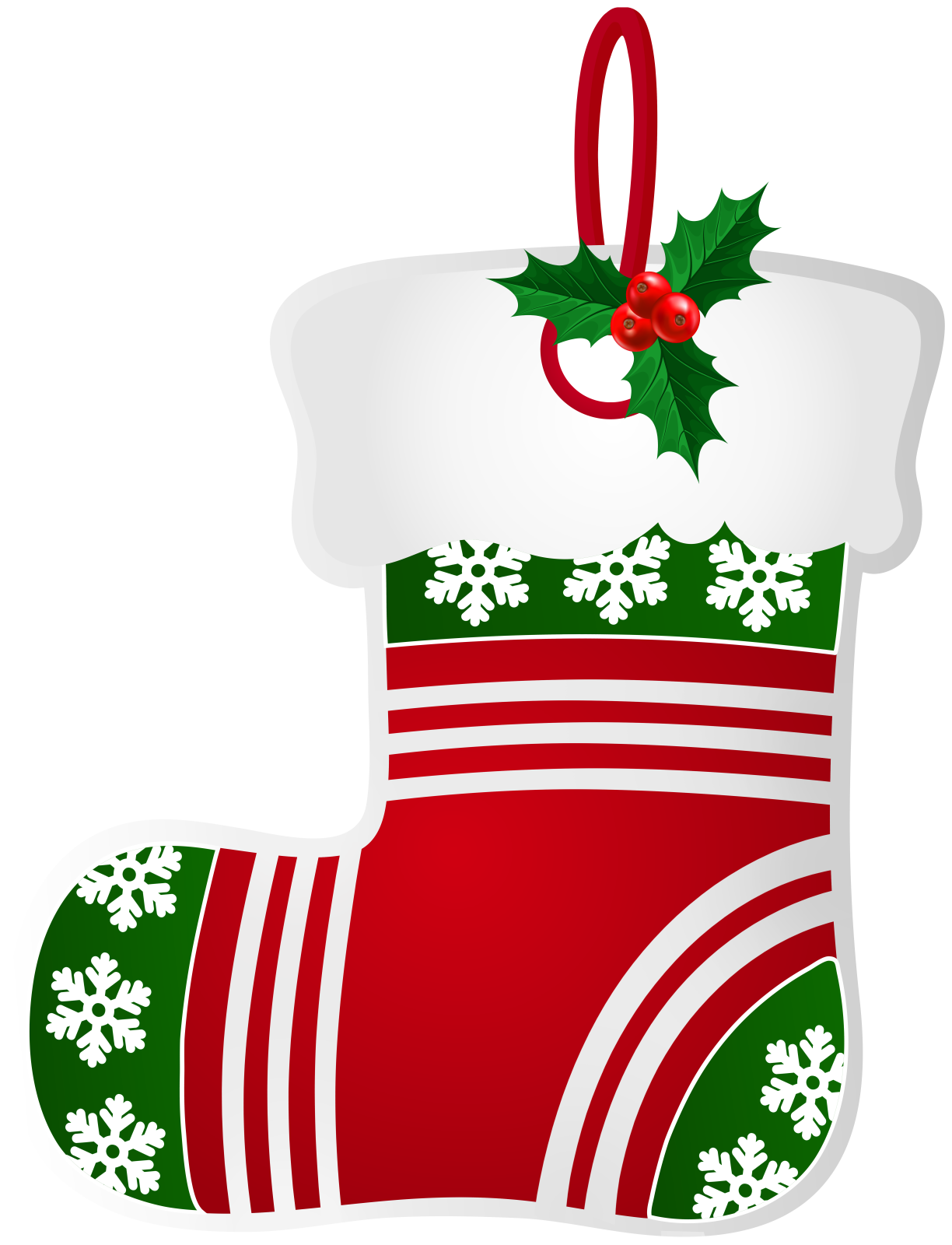 a christmas stocking with holly and snowfls