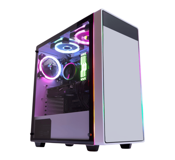 a computer case with a white and purple light