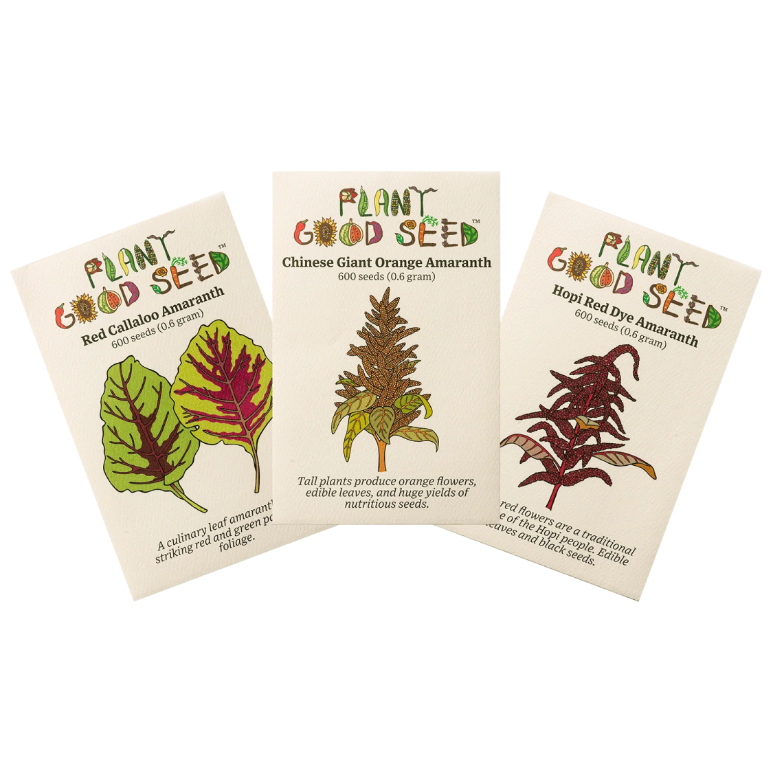 three seed packets with plants on them