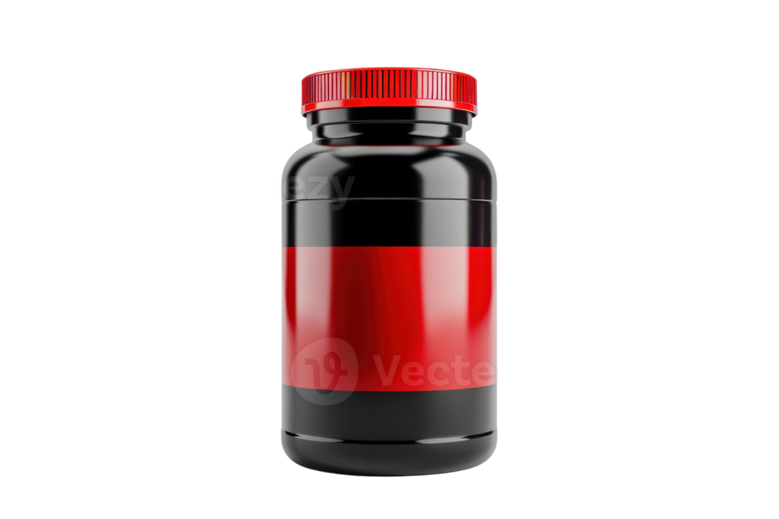 a black and red pill bottle on a white background