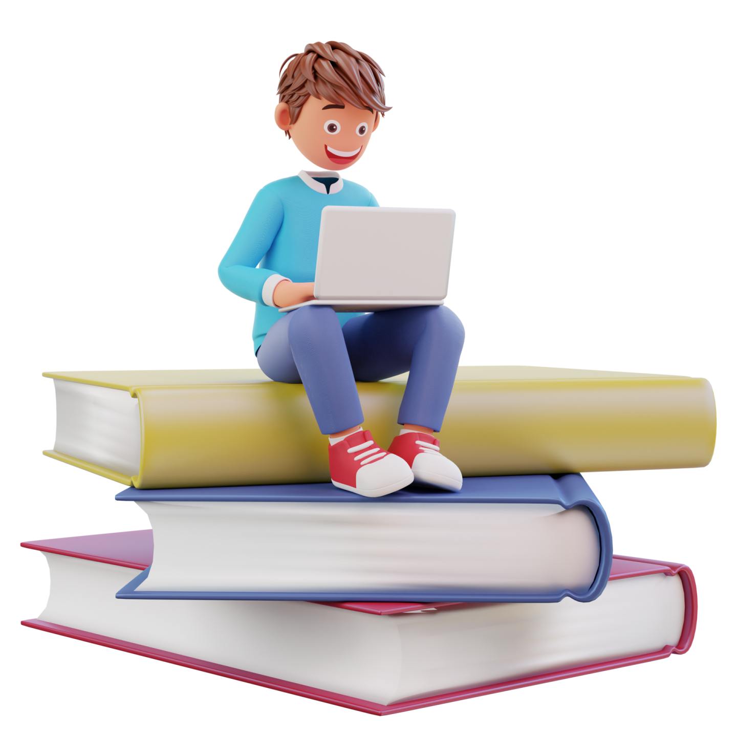 a person sitting on top of books with a laptop