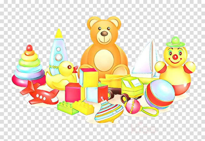 a teddy bear and other toys on a transparent background