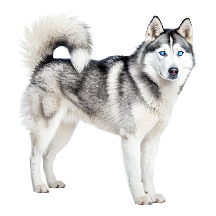 a husky dog standing in front of a white background