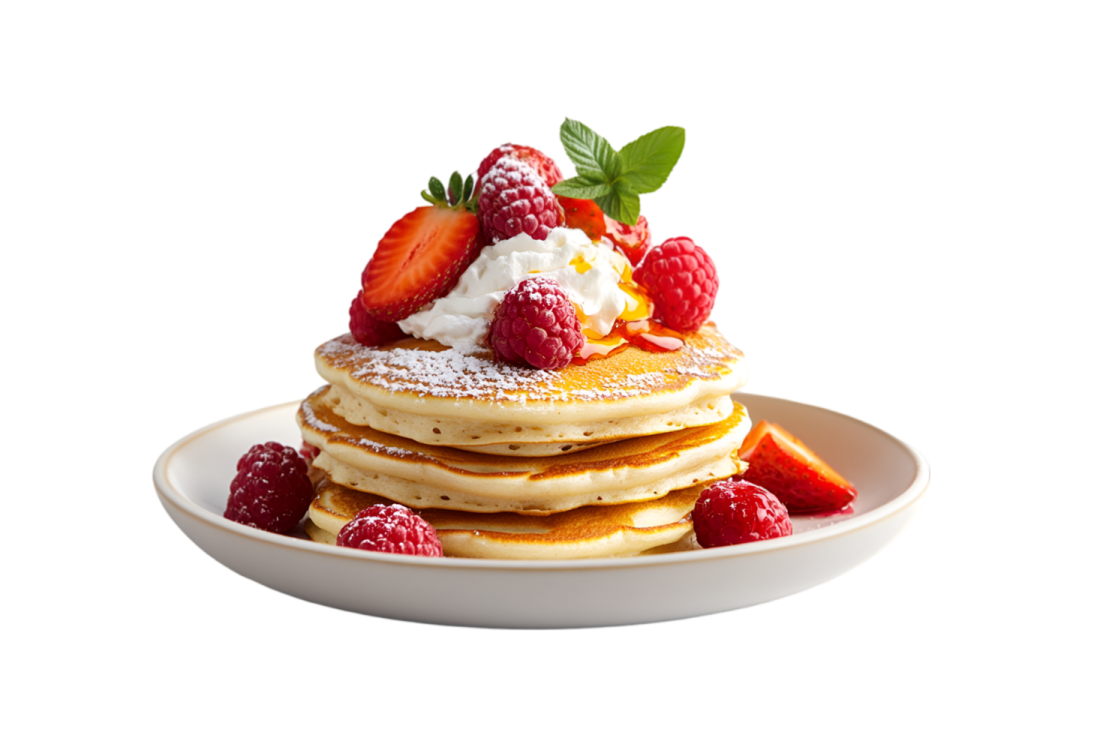 a white plate topped with pancakes and berries