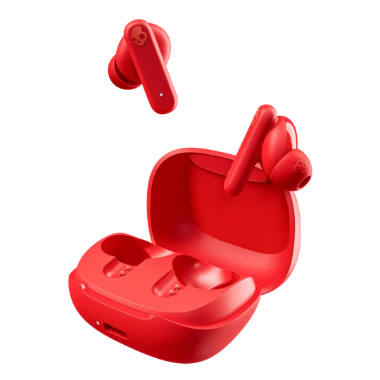 a pair of red earphones on a white background