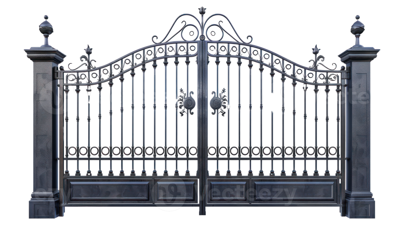 an iron gate with a wrought design
