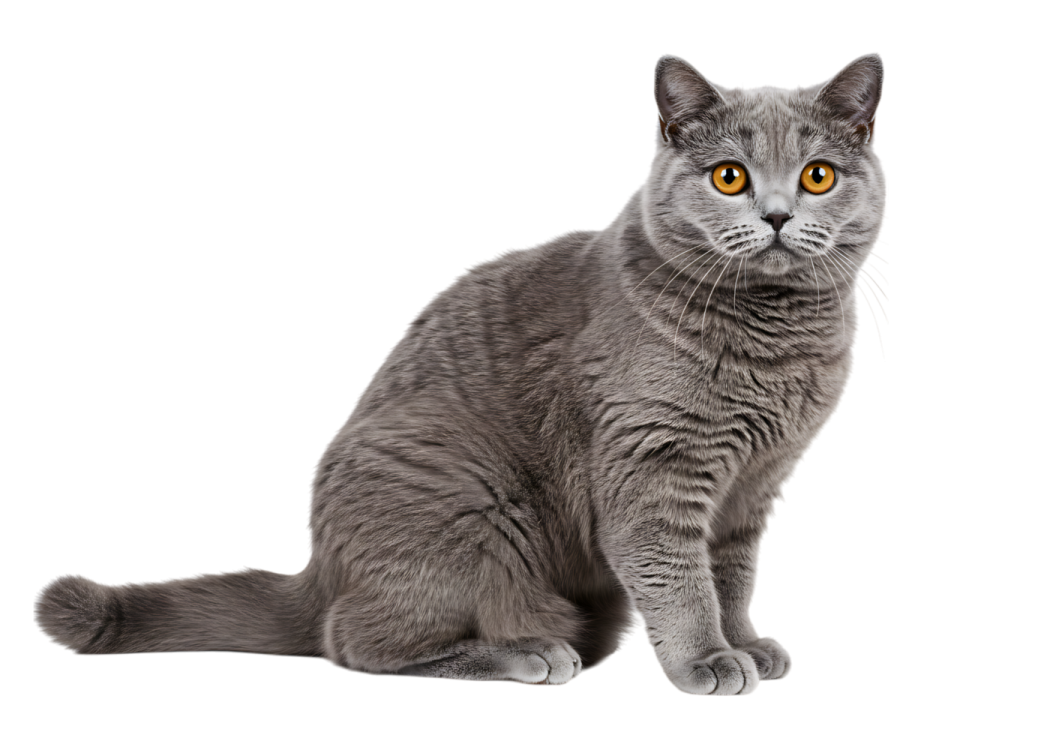 a gray cat sitting down and looking at the camera