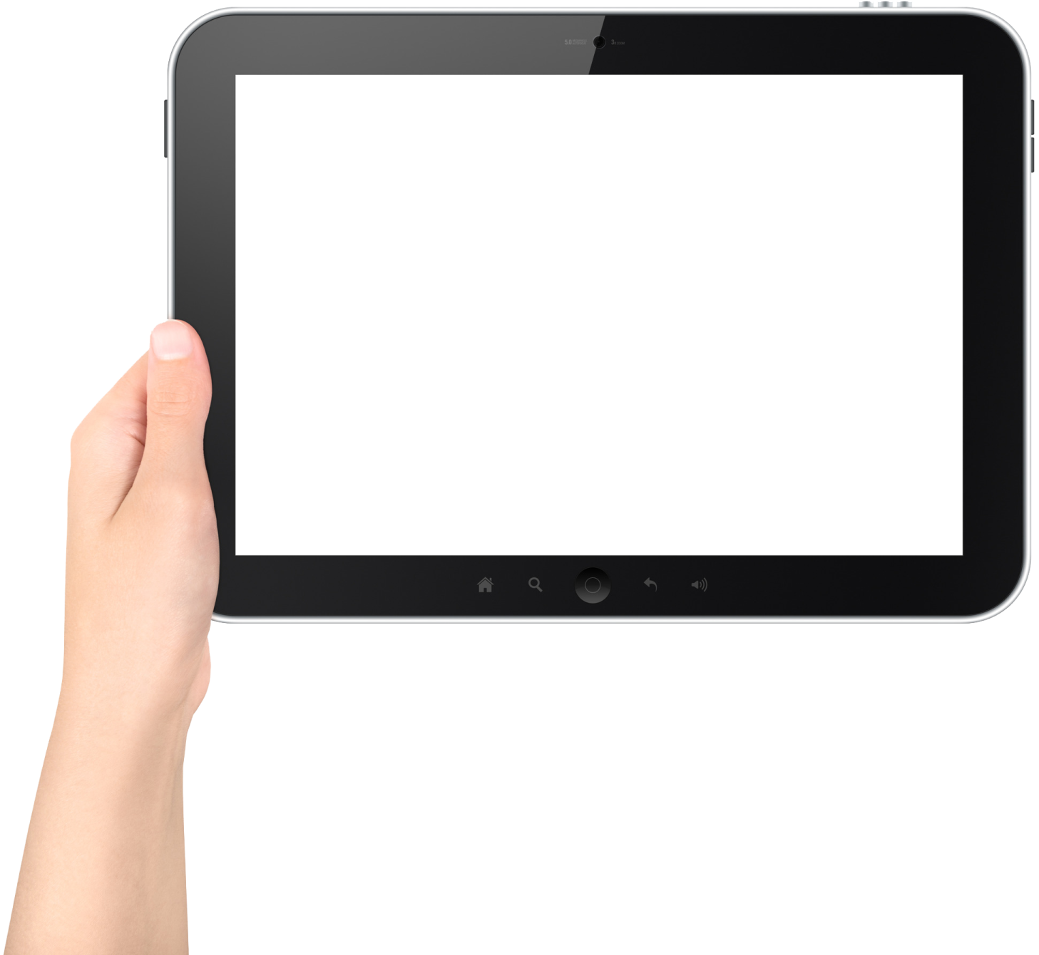 a hand holding an ipad with a white screen