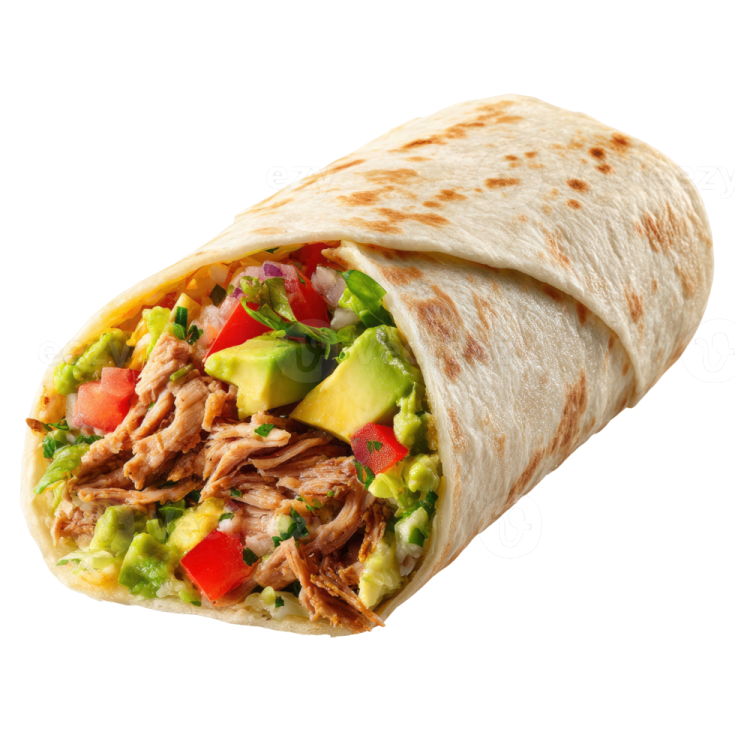 a burritoa filled with meat, avoca and vegetables