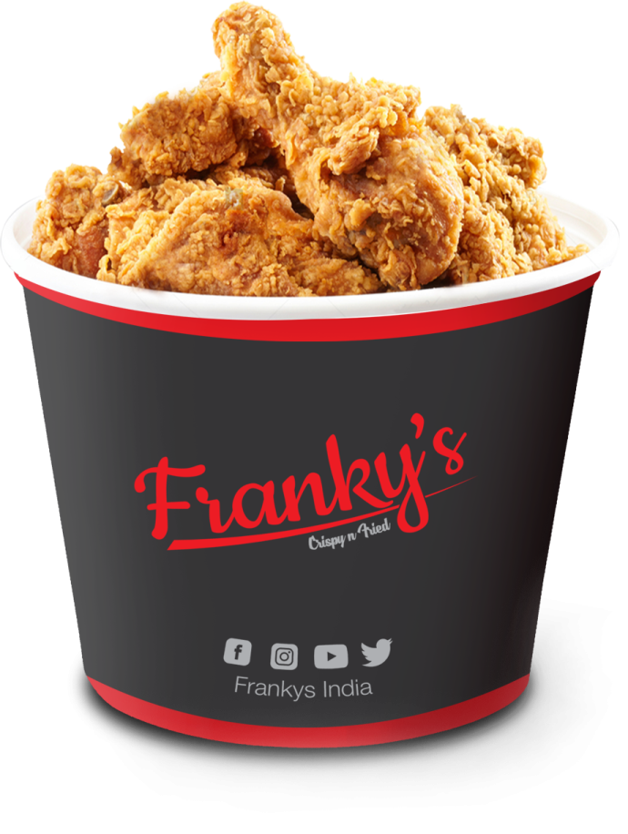 a cup filled with fried chicken on a white background