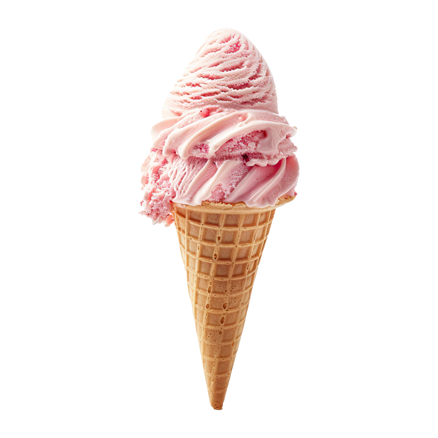 an ice cream cone filled with pink ice cream on a white background