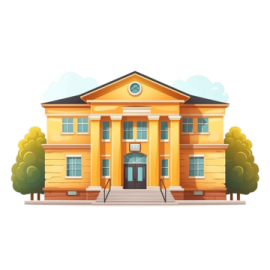 a yellow school building with trees and bushes