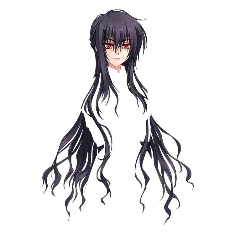 an anime girl with long black hair and red eyes