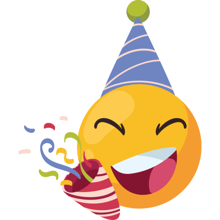 a smiley face wearing a party hat and holding a birthday cake