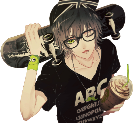 a boy with glasses and a hat holding a skateboard