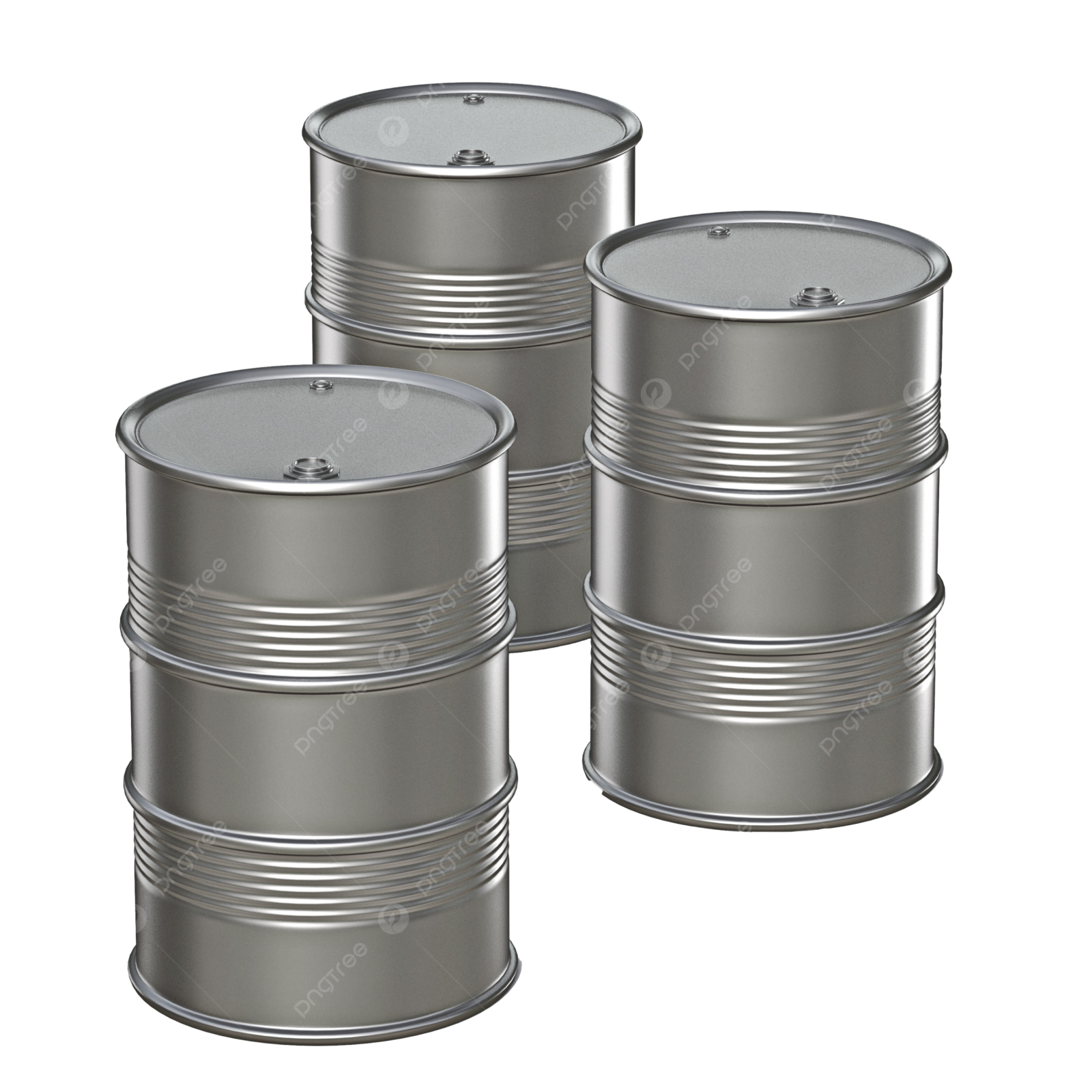 three metal barrels on a white background stock photo