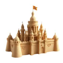 a sand castle with an orange flag on top