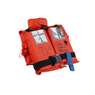 an orange life jacket with a blue bag on it