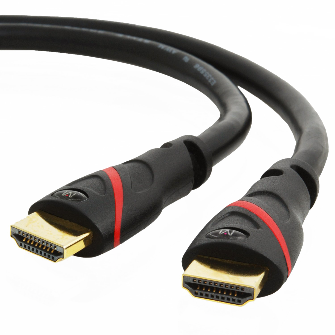 a black hd cable with red and gold connectors