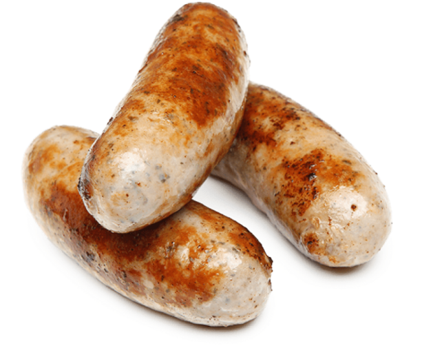 three sausages on a white background